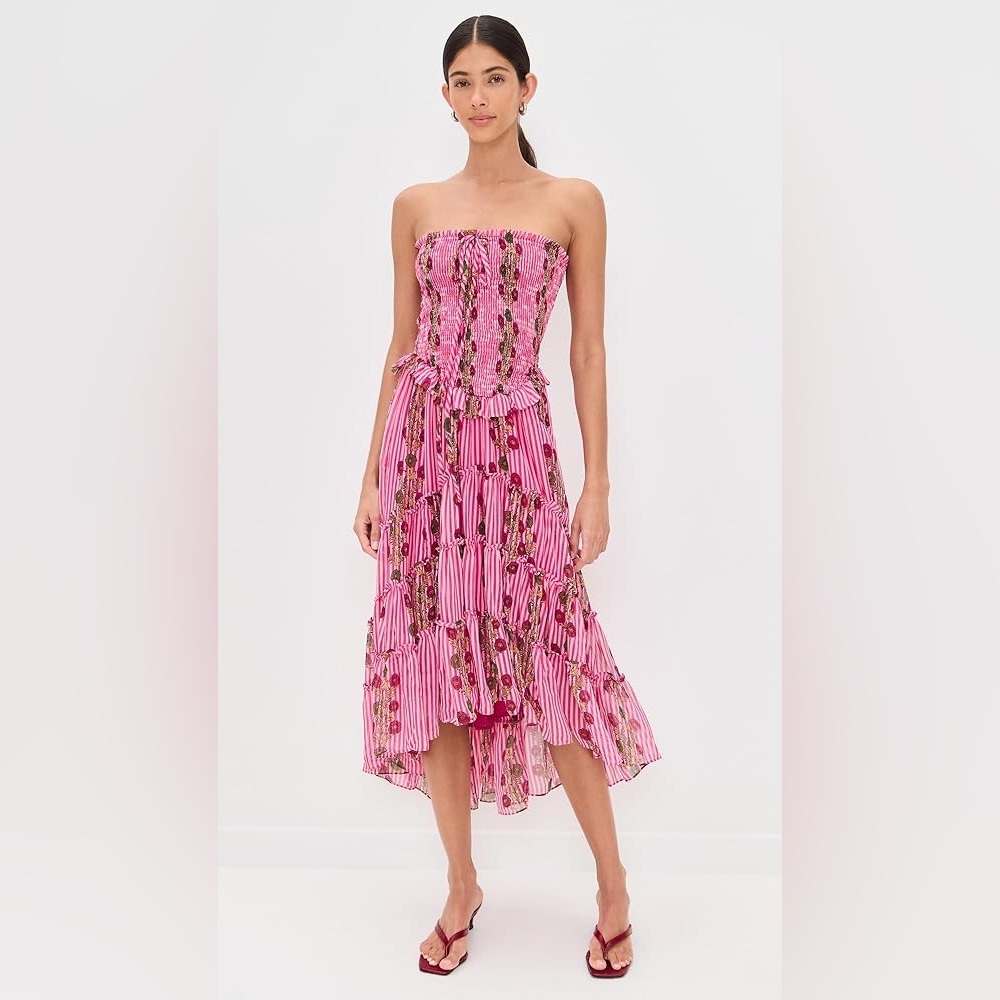 Free People ruched ruffle midi dress in hot pink combo, Size X-Small, $179